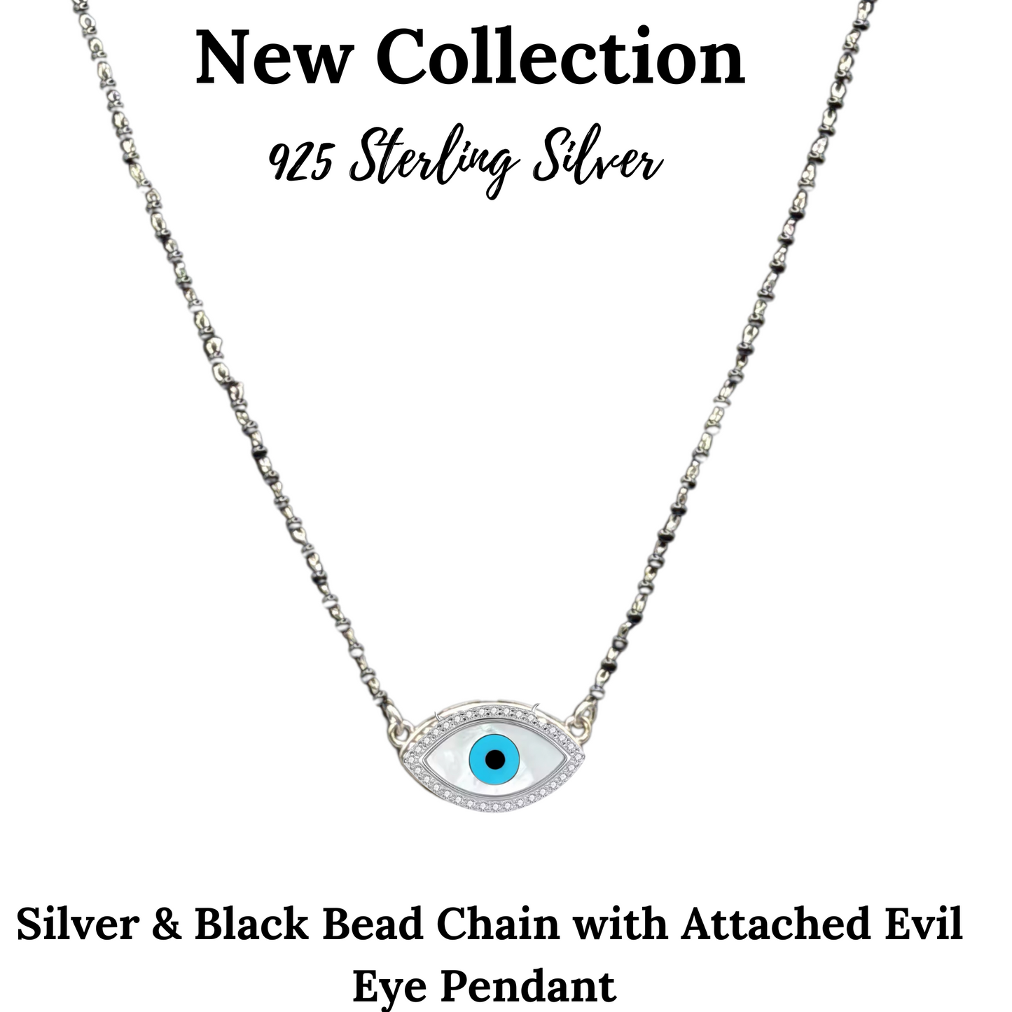 925 Sterling Silver Evil Eye Pendant Necklace with Silver & Black Bead Chain