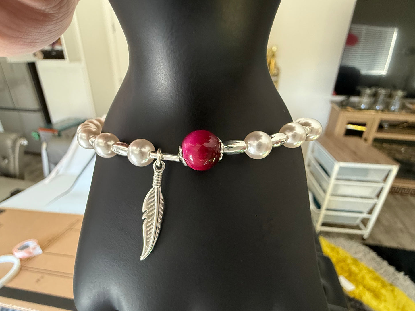 925 Sterling Silver Pearl & Red Gemstone Feather Charm Bracelet