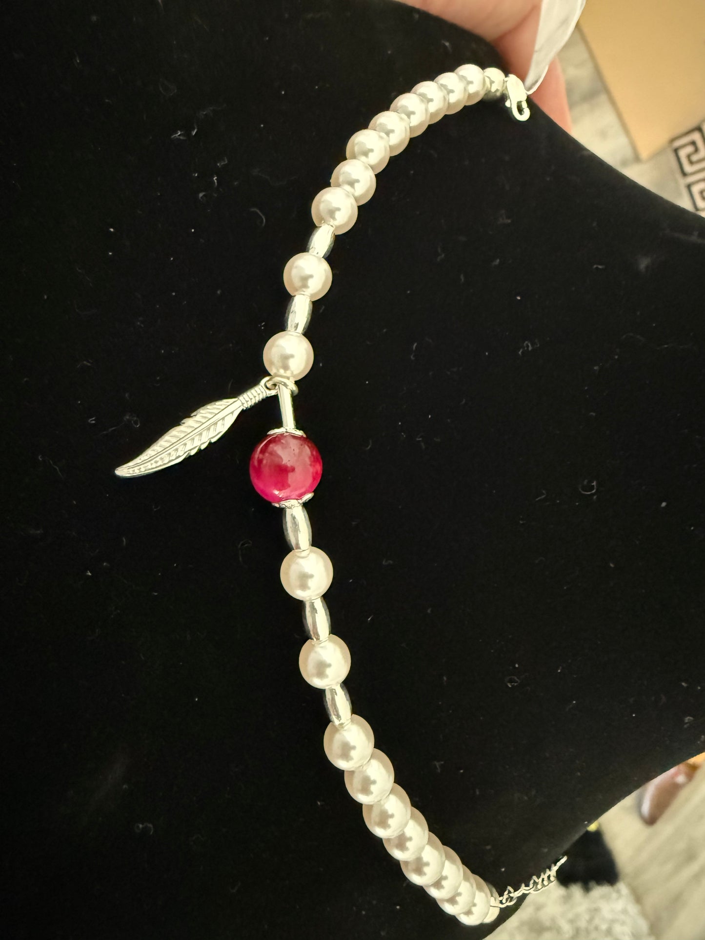 925 Sterling Silver Pearl & Red Gemstone Feather Charm Bracelet