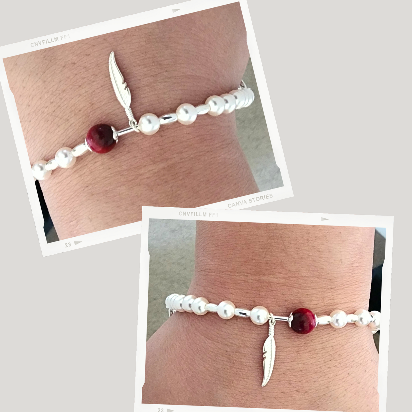 925 Sterling Silver Pearl & Red Gemstone Feather Charm Bracelet